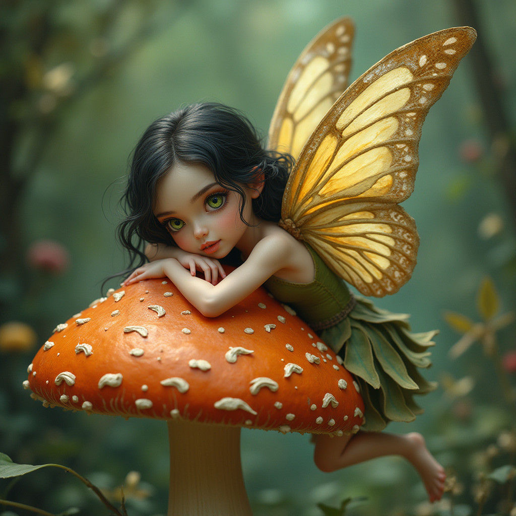 Ethereal Fairy with Butterfly Wings on Mushroom