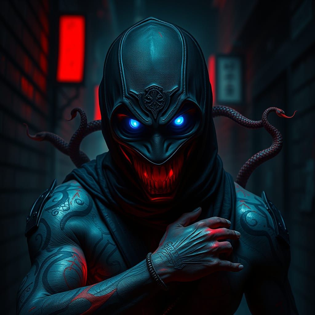 Cyberpunk Ninja Emerges from Shadow with Chained Aura