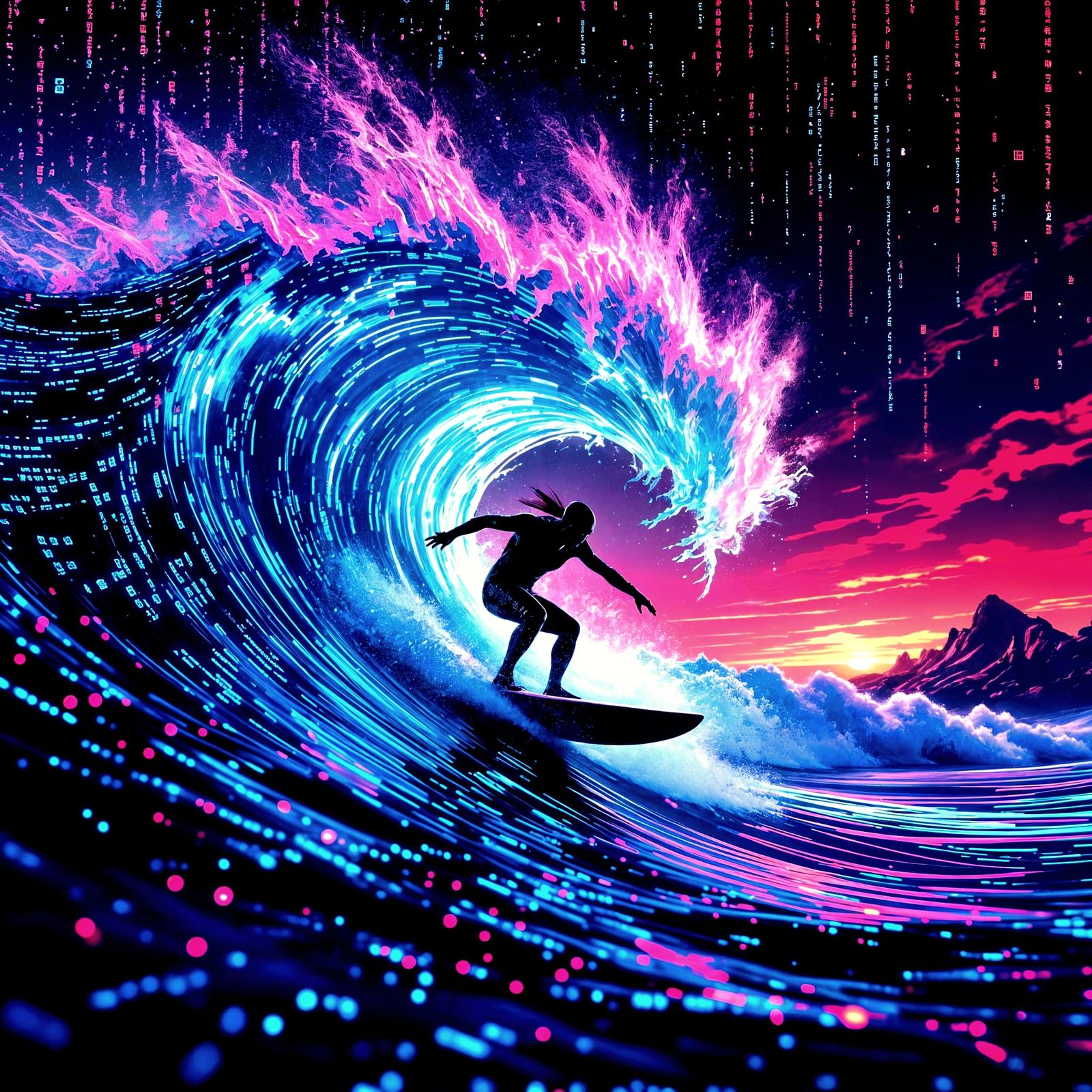 Digital Surfer Riding Binary Code Wave in Cyberpunk Style