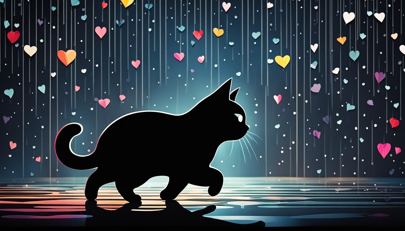 Cartoon Cat in Heartfelt Rainy Night