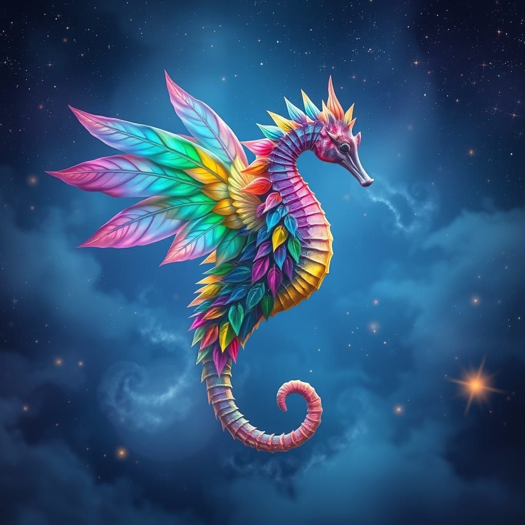 winged seahorse made of rainbow leaves. cosmic water magic n...