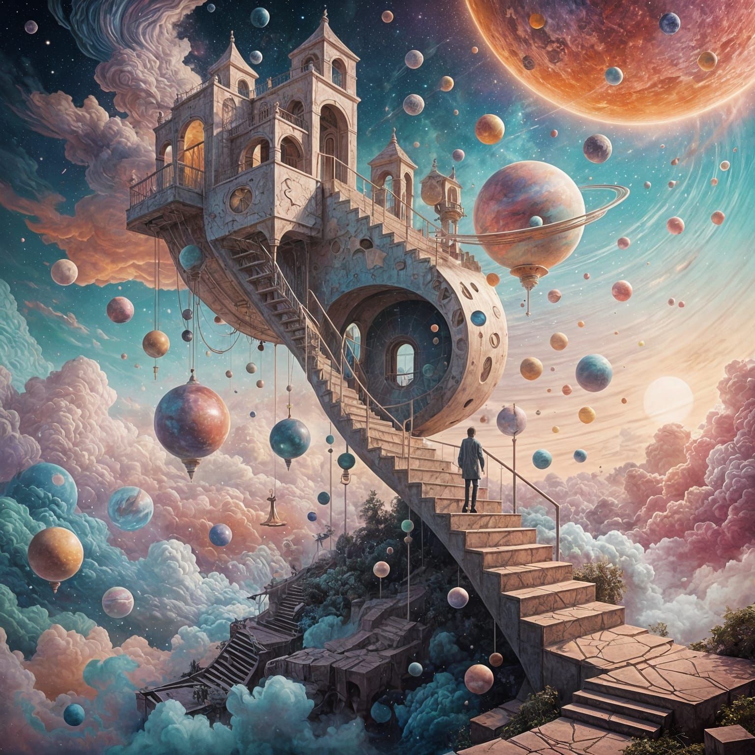 Pastel Cosmos: Surreal Figure in Dreamlike Sky
