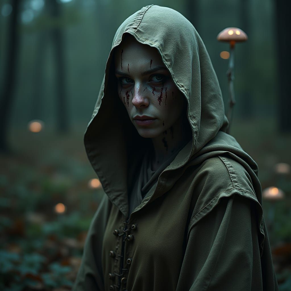 Mysterious Scarred Hermit in Grimdark Mork Borg Style