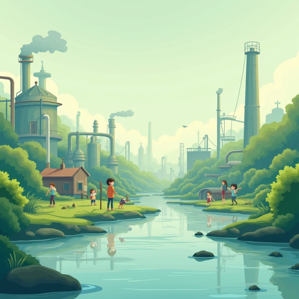 Sustainable Tannery Scene with Eco-Elements and Children Pla...