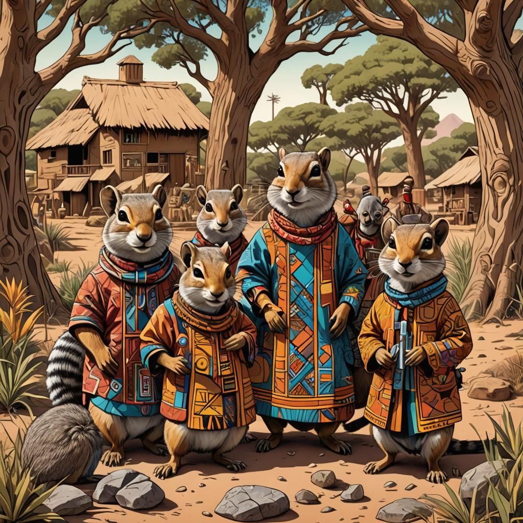 African Folk Art: Squirrels in a Village