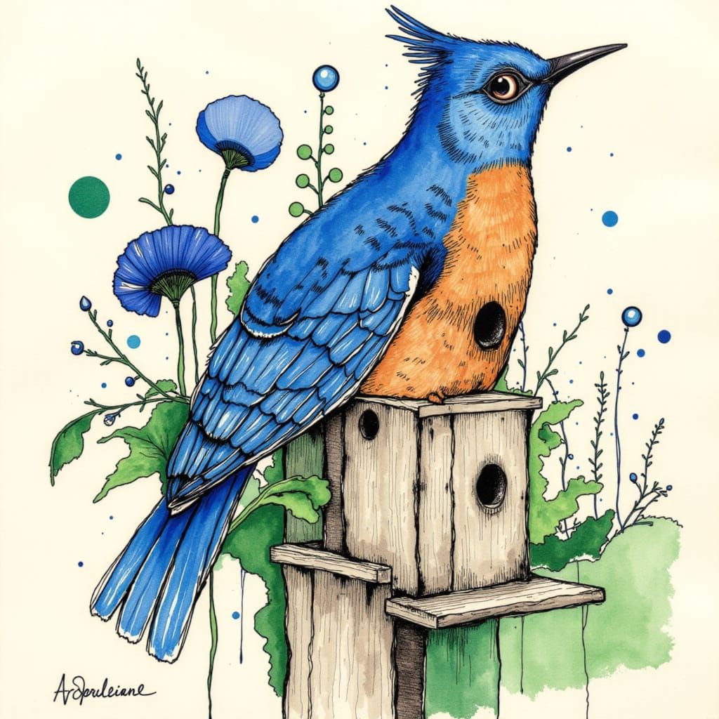 Vibrant Bluebird on Birdhouse in Watercolor Style