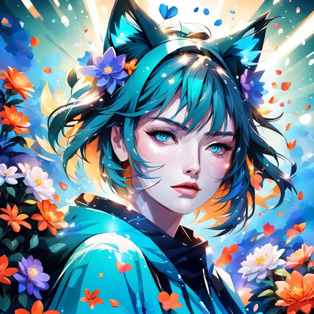 Girl with Cat Ears and Flowers Splash Art