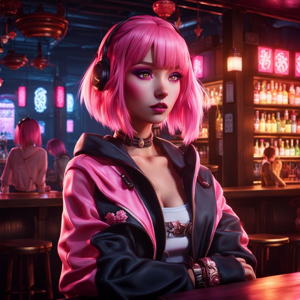 Anime Girl in Japanese Bar with Pink Lighting