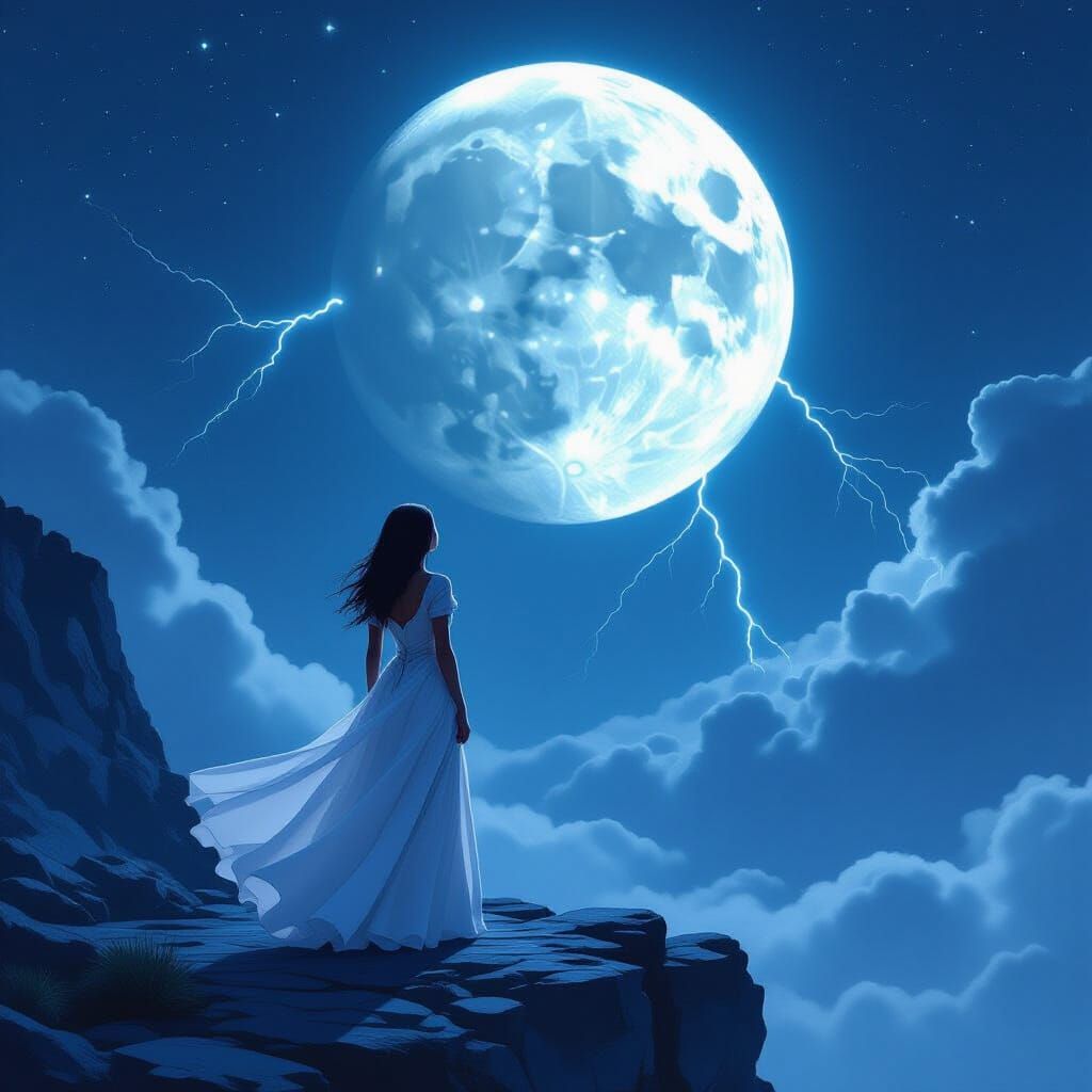 Cybernetic Girl Gazing at Moon with Lightning