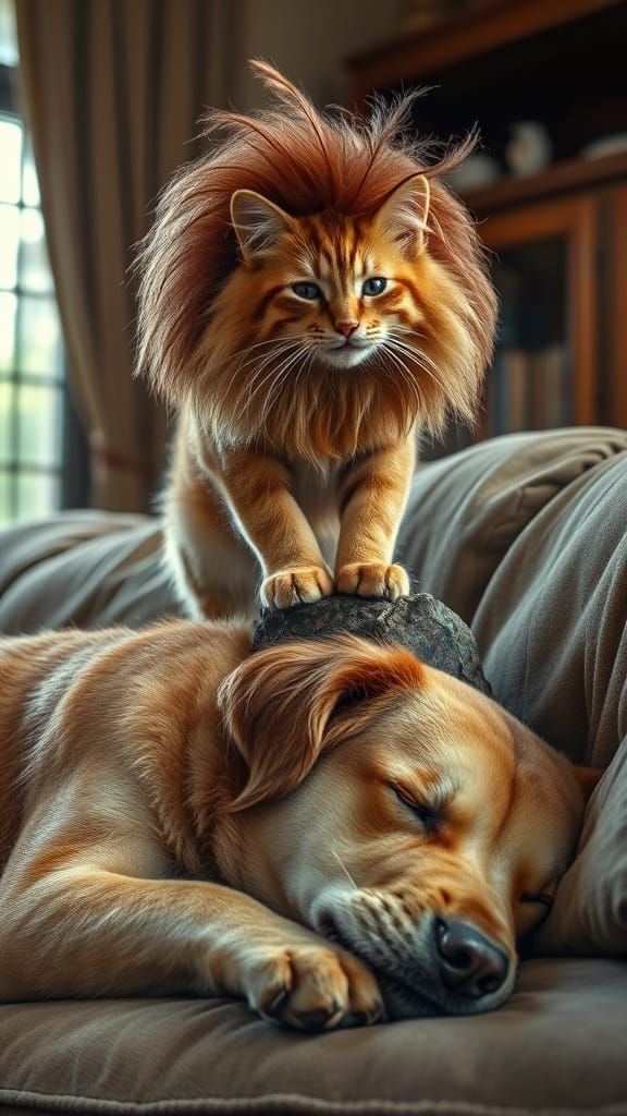 Ginger Tabby Cat as Lion on Sofa Mountain