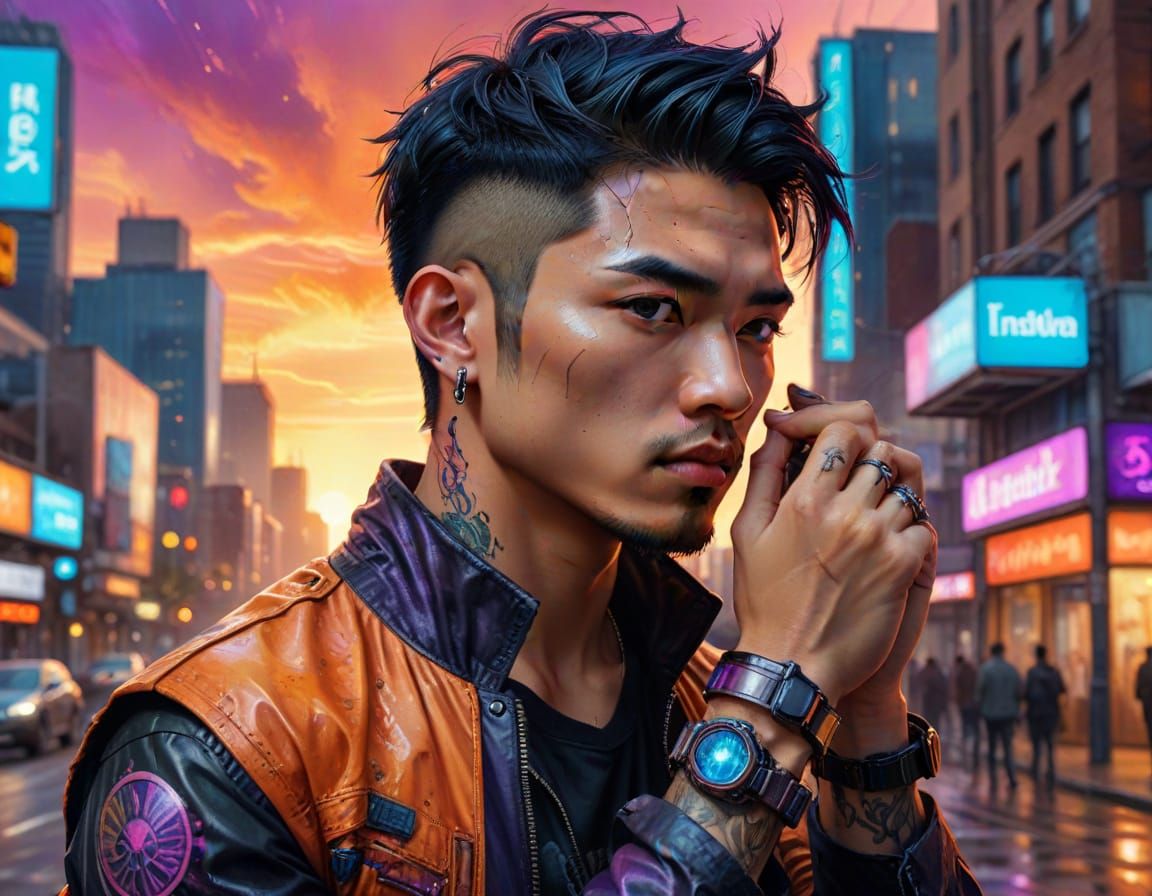Cyberpunk Asian Male in Vibrant Cityscape, Digital Art