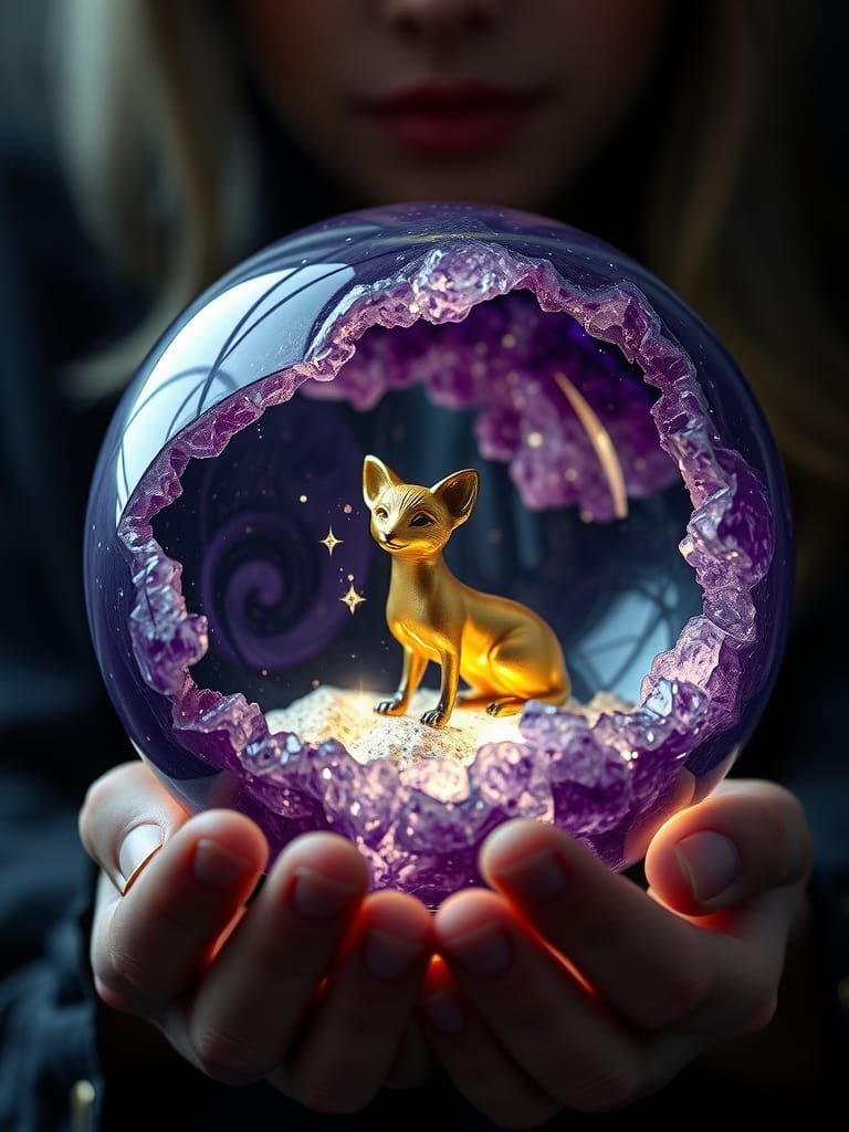 Enchanted Crystal Ball with Golden Fox Figurine