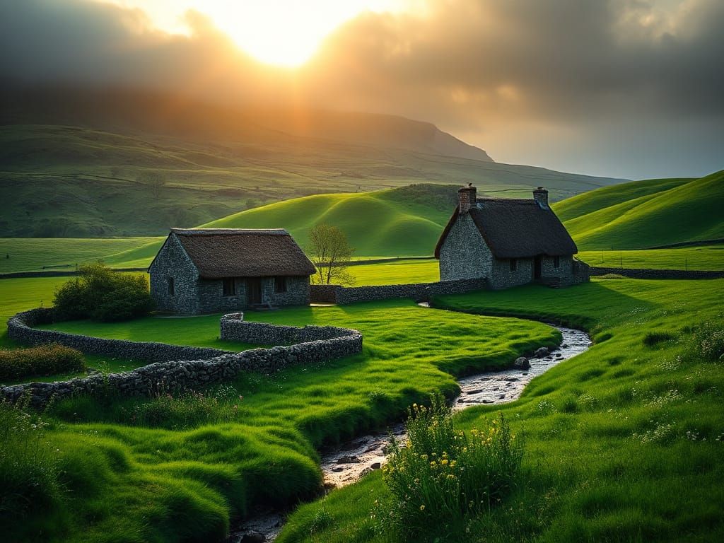 Emerald Irish Countryside in Golden Light