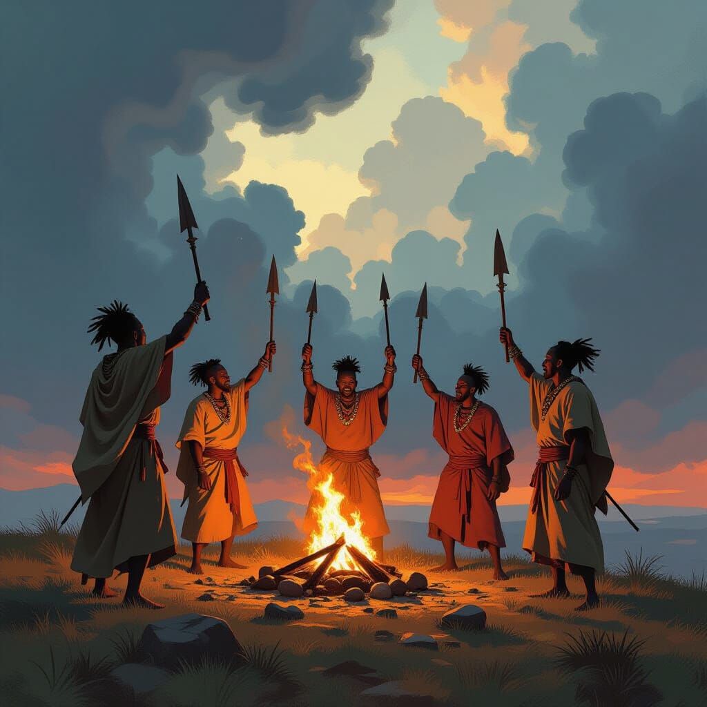 African Warriors Chanting on Windswept Hill in Fantasy Style