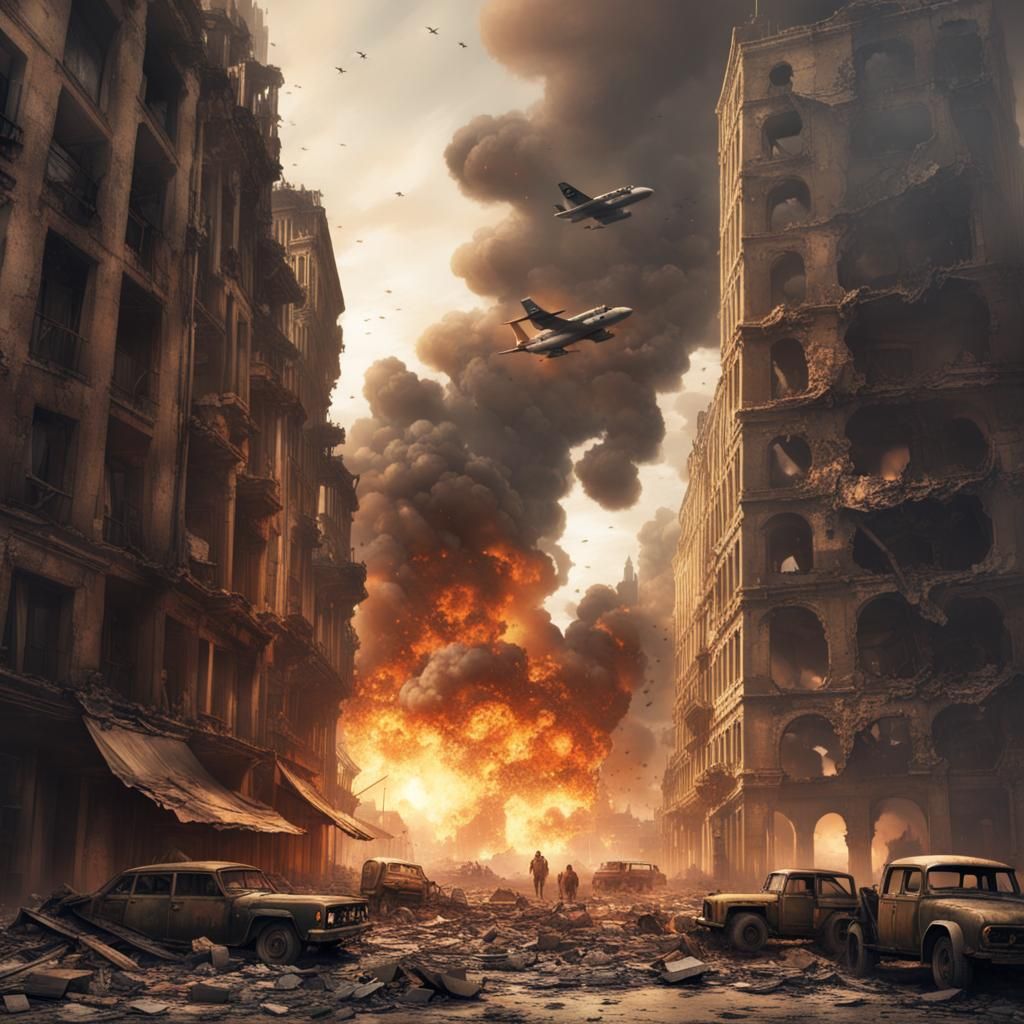 War-Torn City in Flames and Ruin