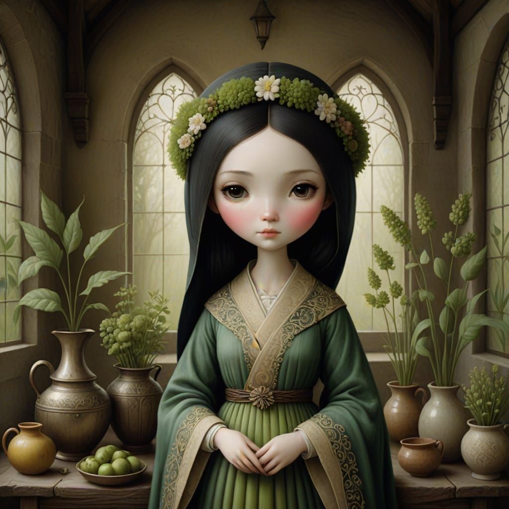 Whimsical Medieval Herbalist in Cottage Setting