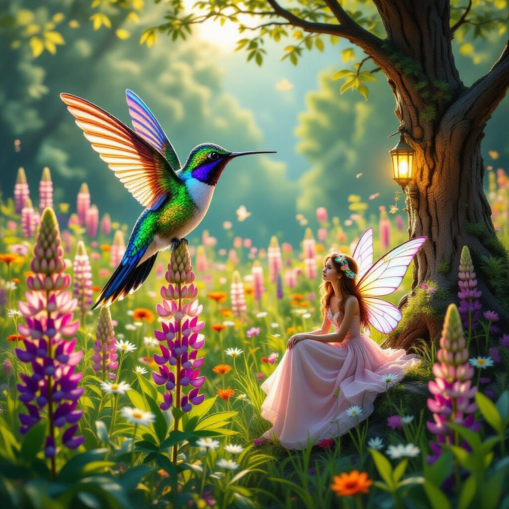 Rainbow Hummingbird and Fairy in Meadow, Digital Art