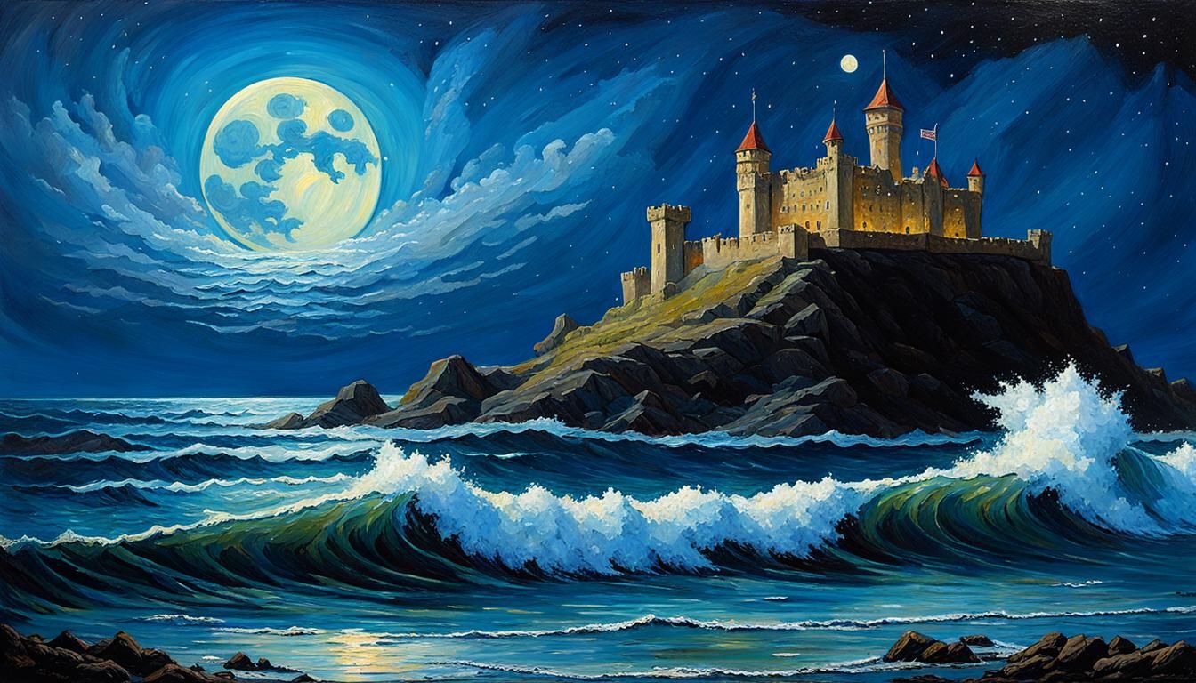 Oceanic Castle Under Crescent Moon, Digital Painting