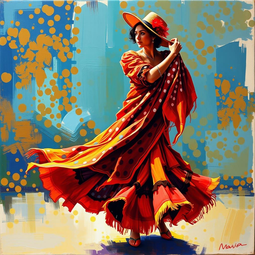Flamenco Dancer in Polka Dot Shawl, Spanish Art Style