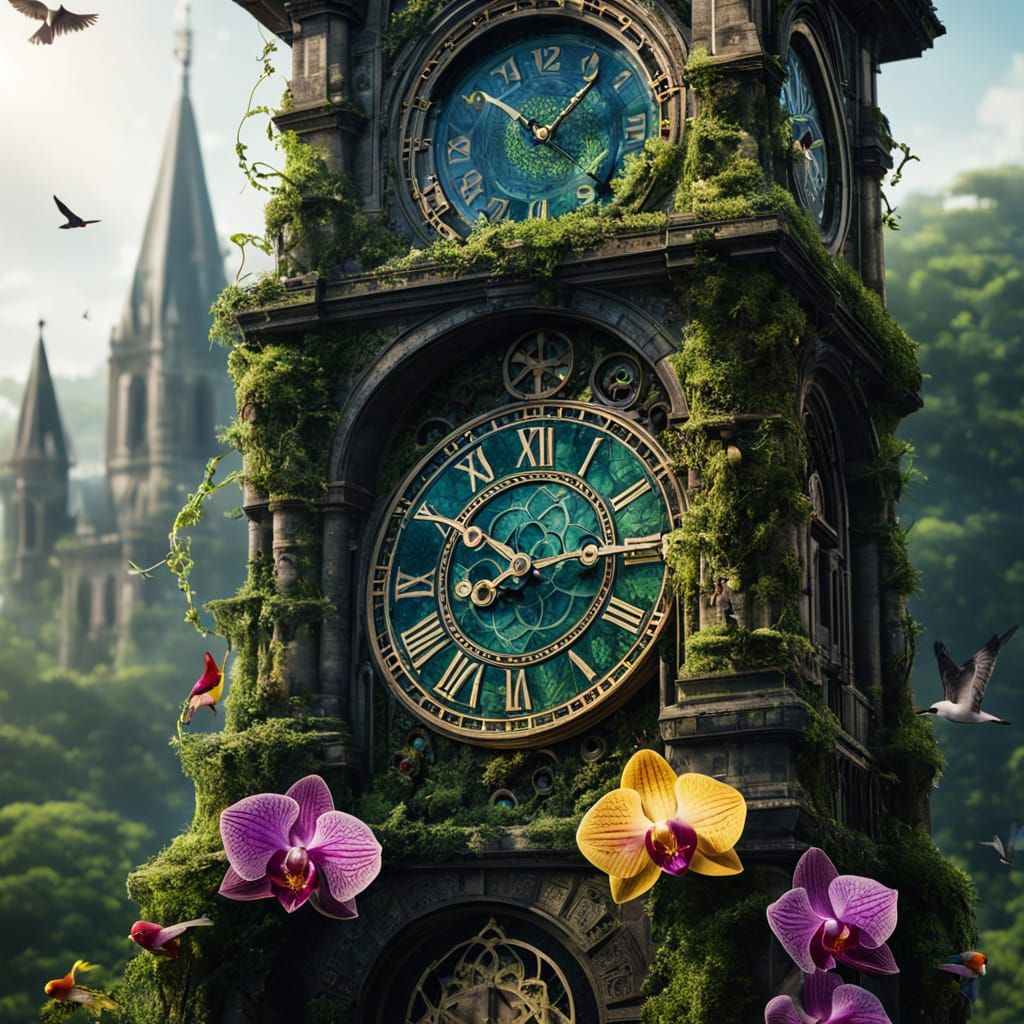 Gothic Clock Tower in Jungle, Hyperrealistic Style