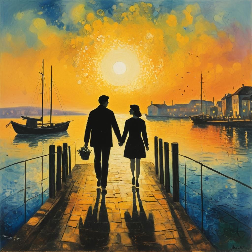 Romantic Couple at Sunset in Chagall Style