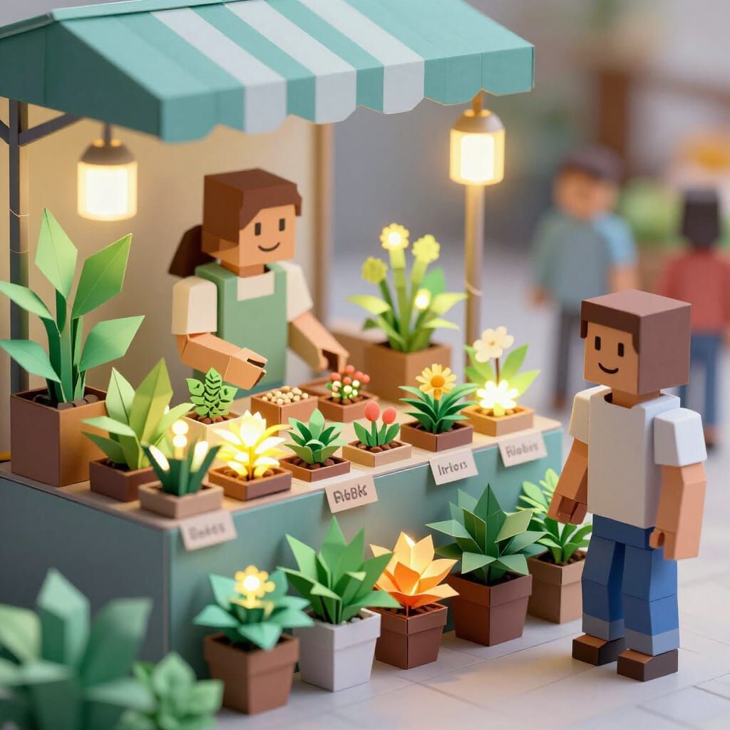 Roblox Character Browses Magical Seed Stall in Origami Style