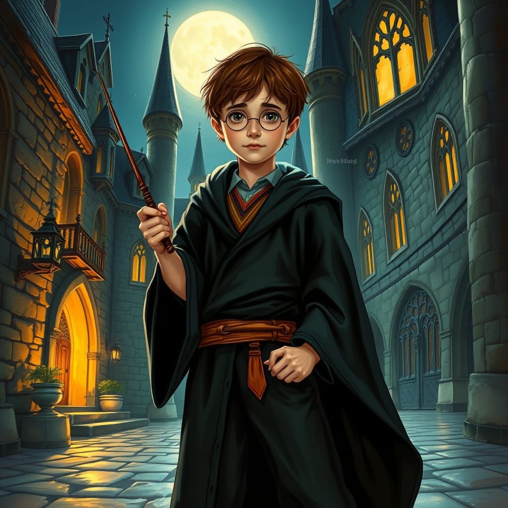 Young Wizard in Moonlit Castle Courtyard