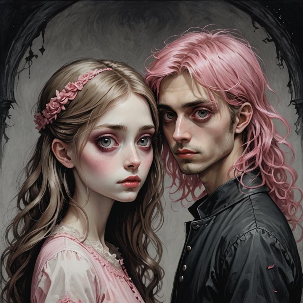 Loving Couple Portrait in Tim Burton Style Drawing