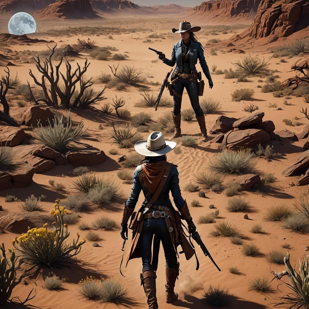 Female Gunslinger on Barren Landscape, Detailed Matte Painti...