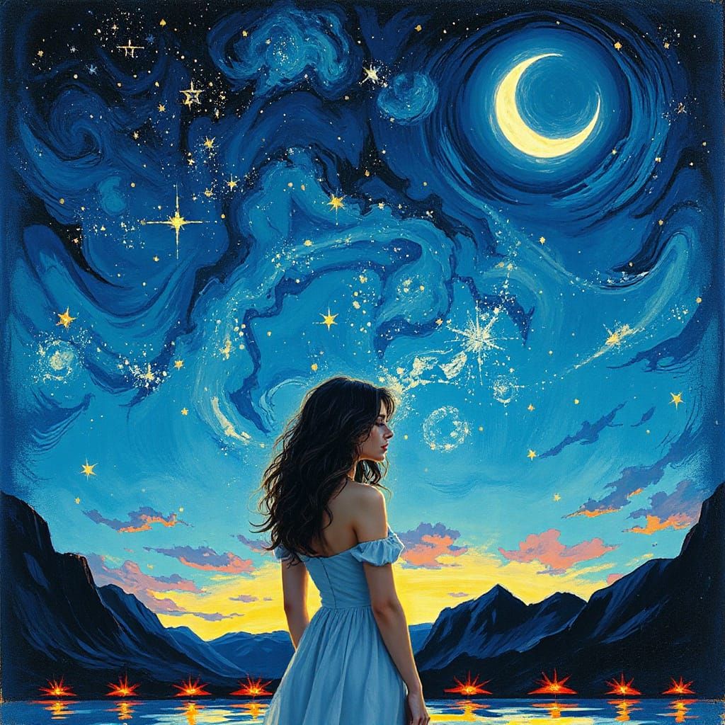 Serene Woman Under Starry Night Sky