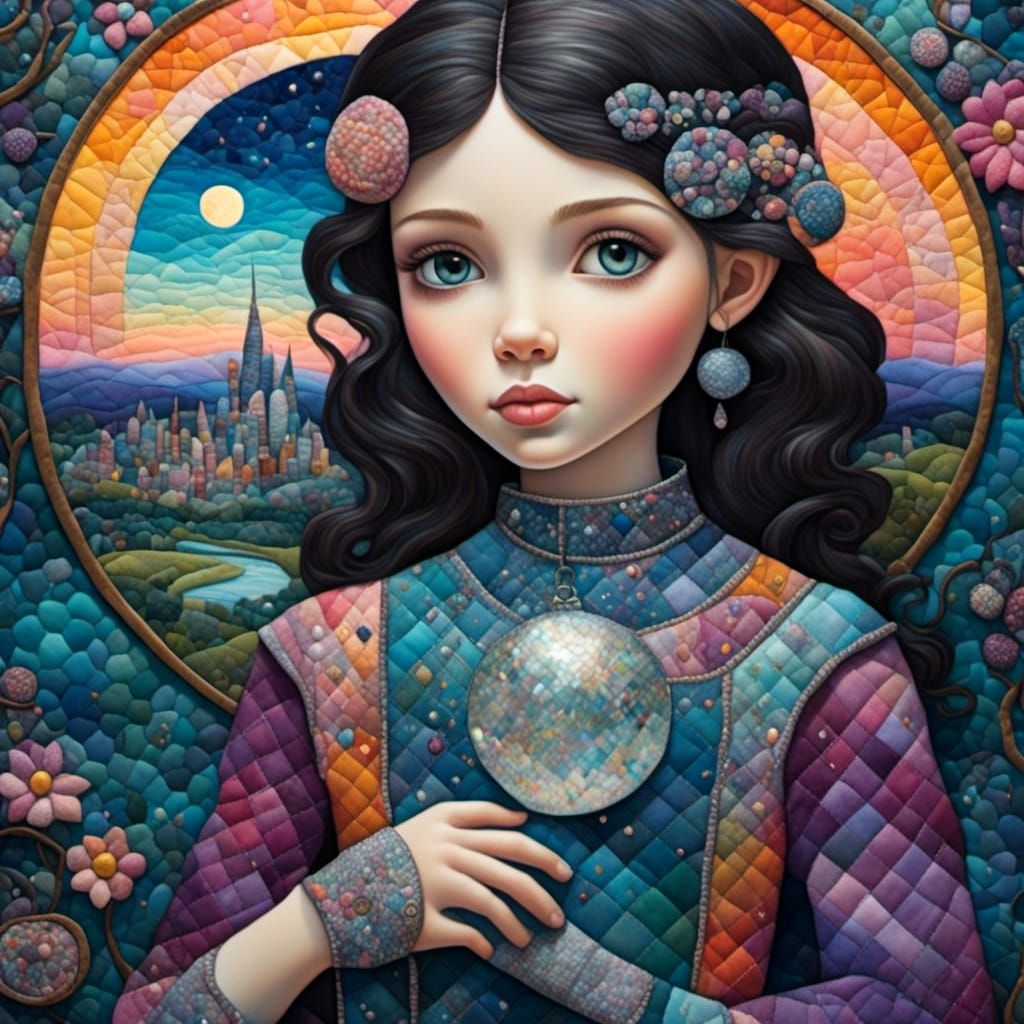 Girl with Silver Tattoo in Futuristic Cityscape