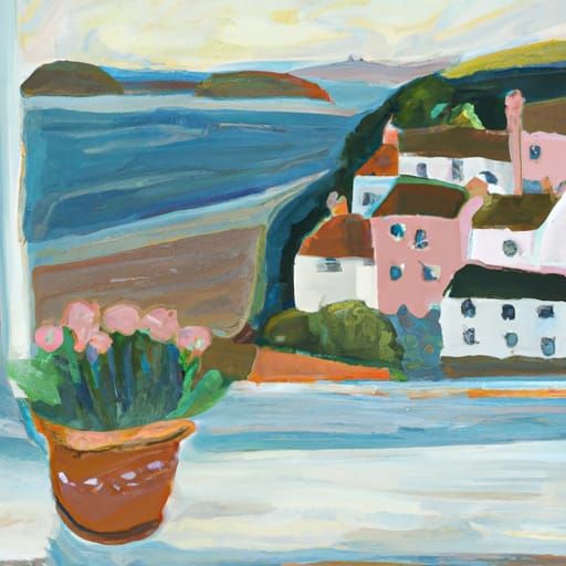 British Coastal Town View From Window With Flower Pot