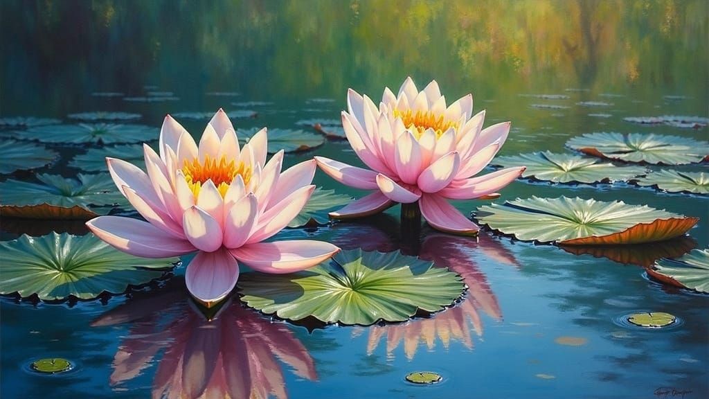 Impressionist Lilies on Pond in Vibrant Oil Painting