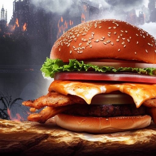 Delicious Burger with Chicken and Fries: Digital Matte Paint...