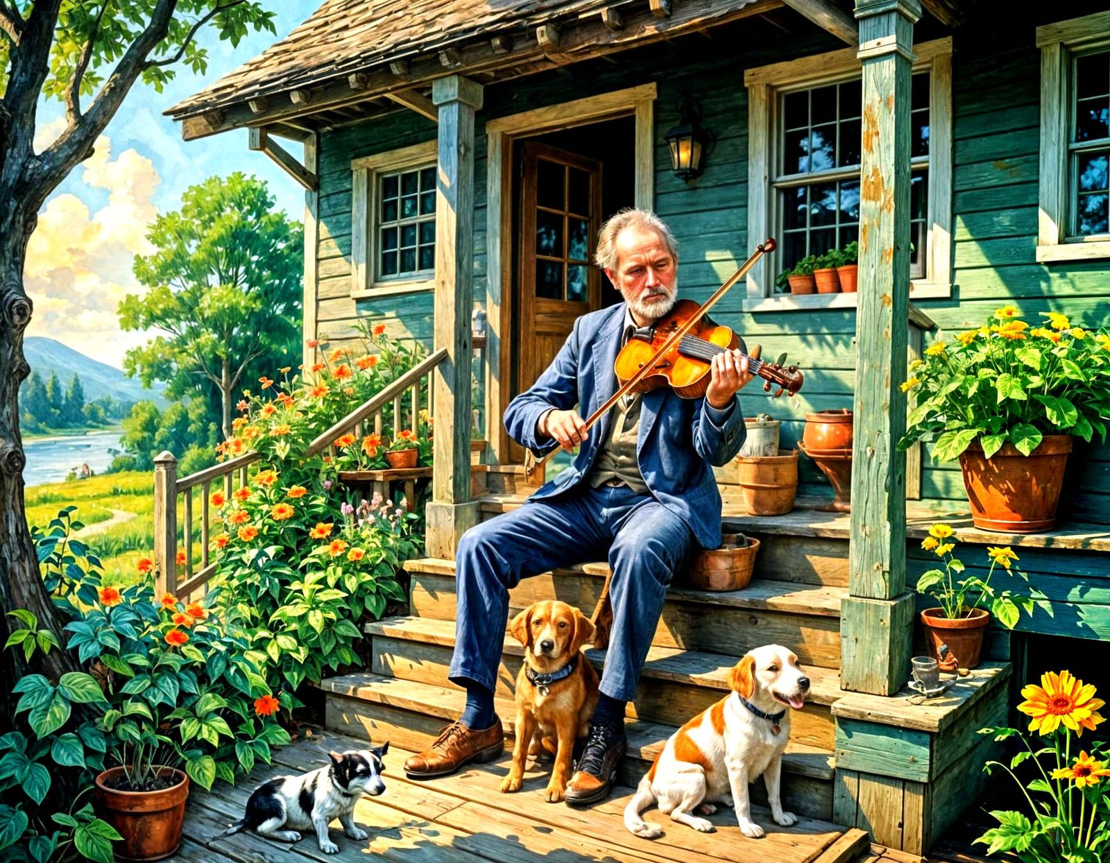 Impasto Gouache Painting of Fiddle Player on Cottage Stairs