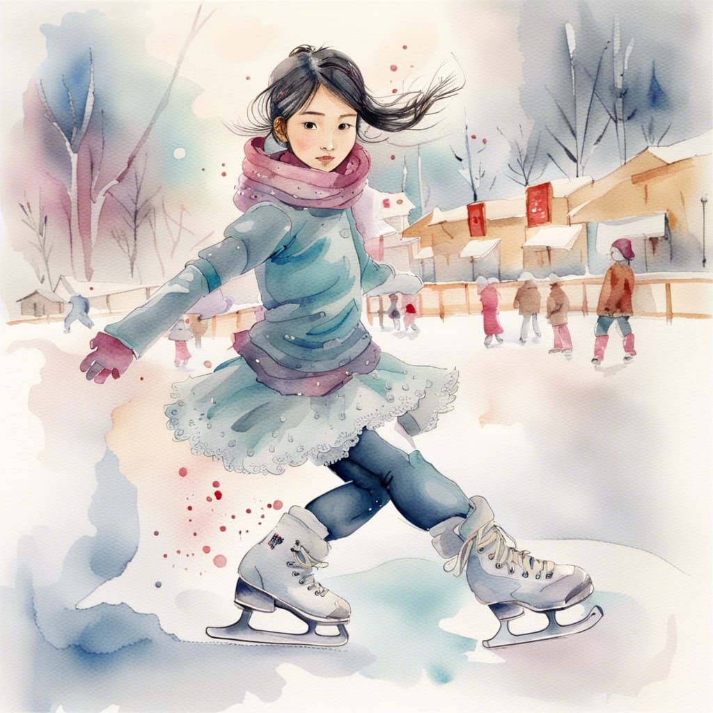 Asian Girl Ice Skating in Watercolor