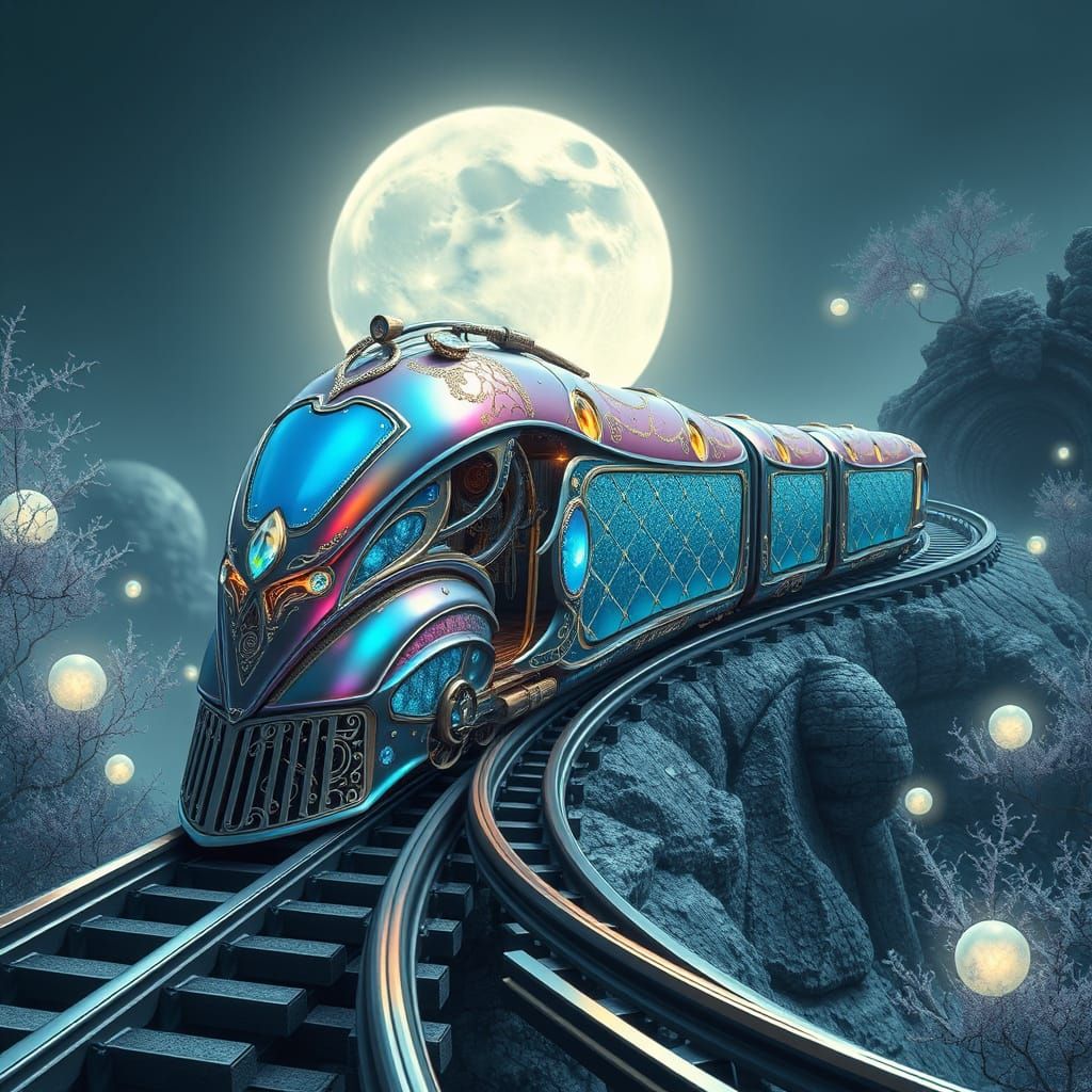 Surreal, Iridescent Train Glides Through Futuristic Landscap...