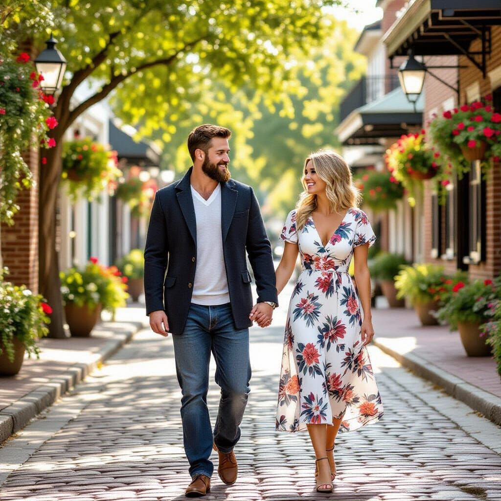 Charming Southern Street Scene with Couple at Golden Hour
