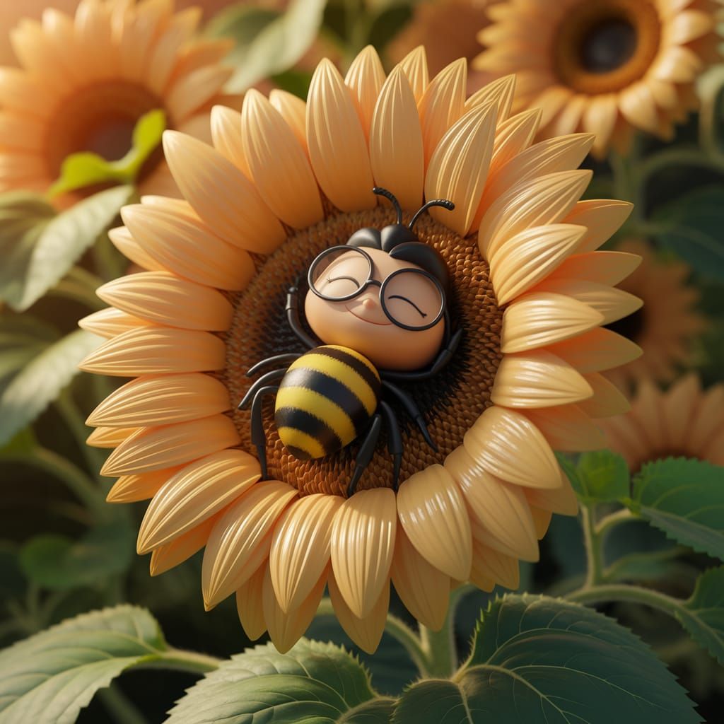 Bespectacled Bee's Nap in Giant Sunflower, 3D Render