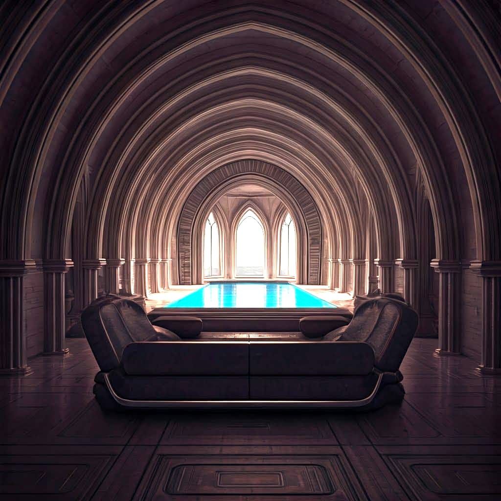 Space Age Bedroom Design with Arches and Waterfall