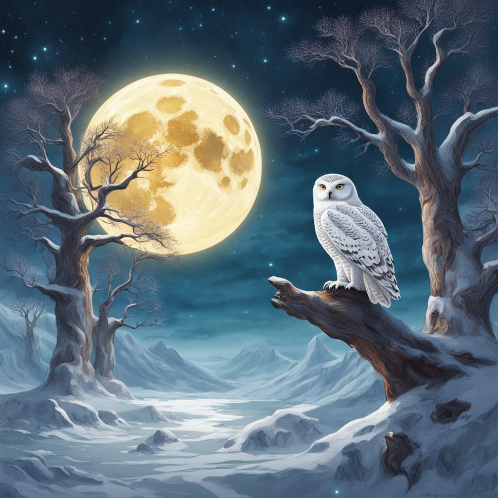 Ethereal Snowy Owl under the Glowing Full Moon