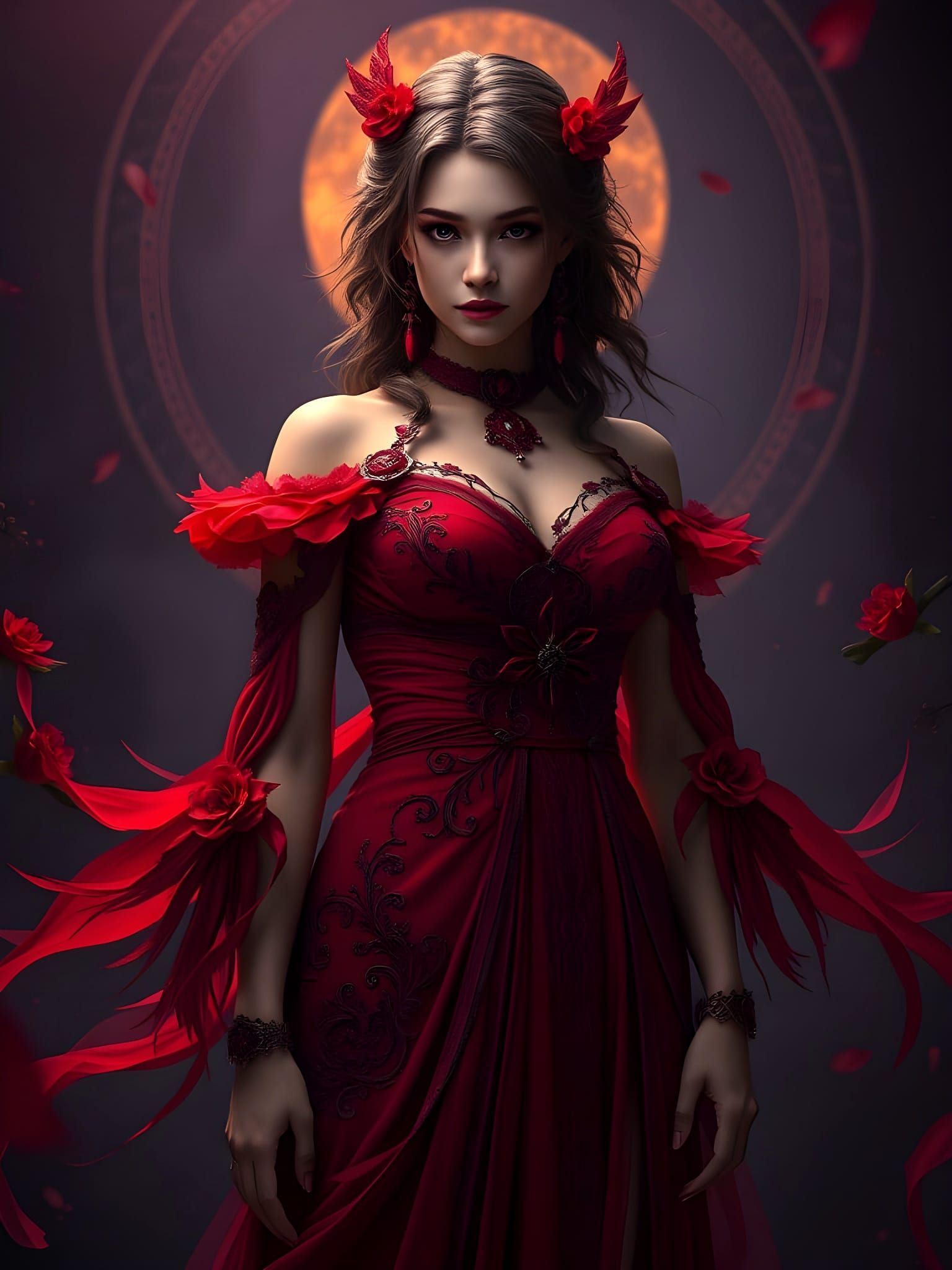 Dark Fantasy Goddess in Scarlet, Crimson, and Blood