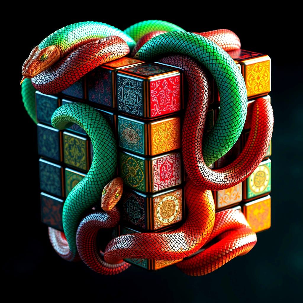 Surreal Serpent Rubik's Cube in Sci-Fi Style