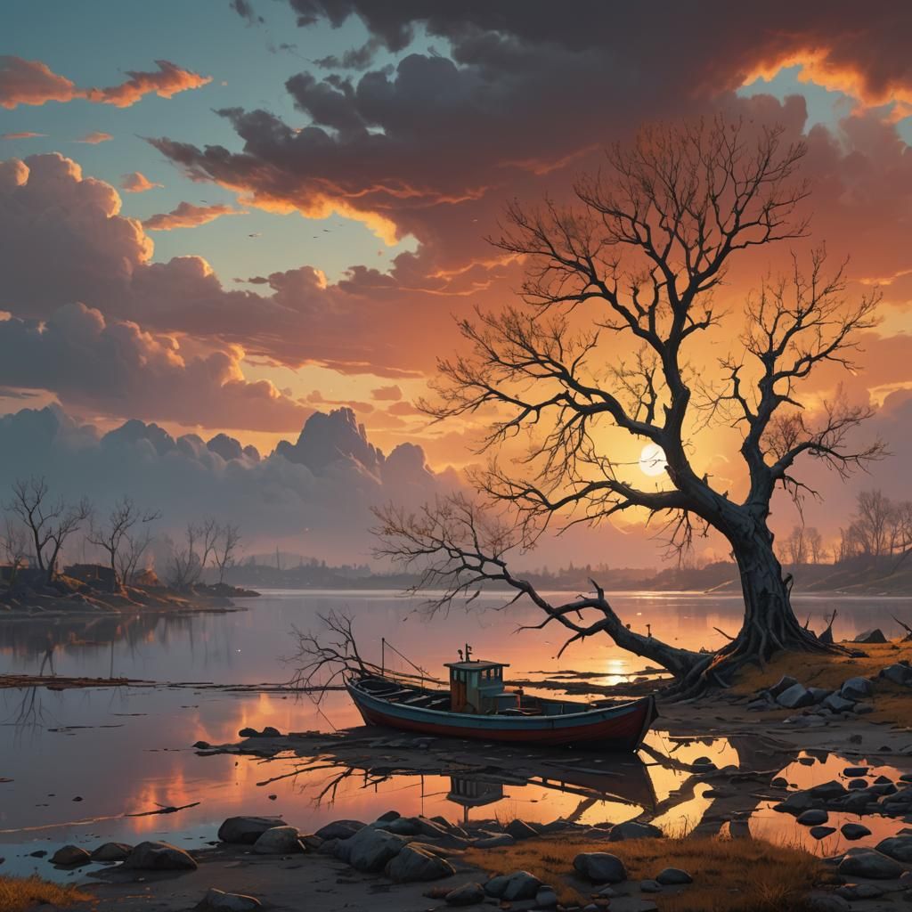 Lagoon Sunset: Leafless Tree and Fishing Boat