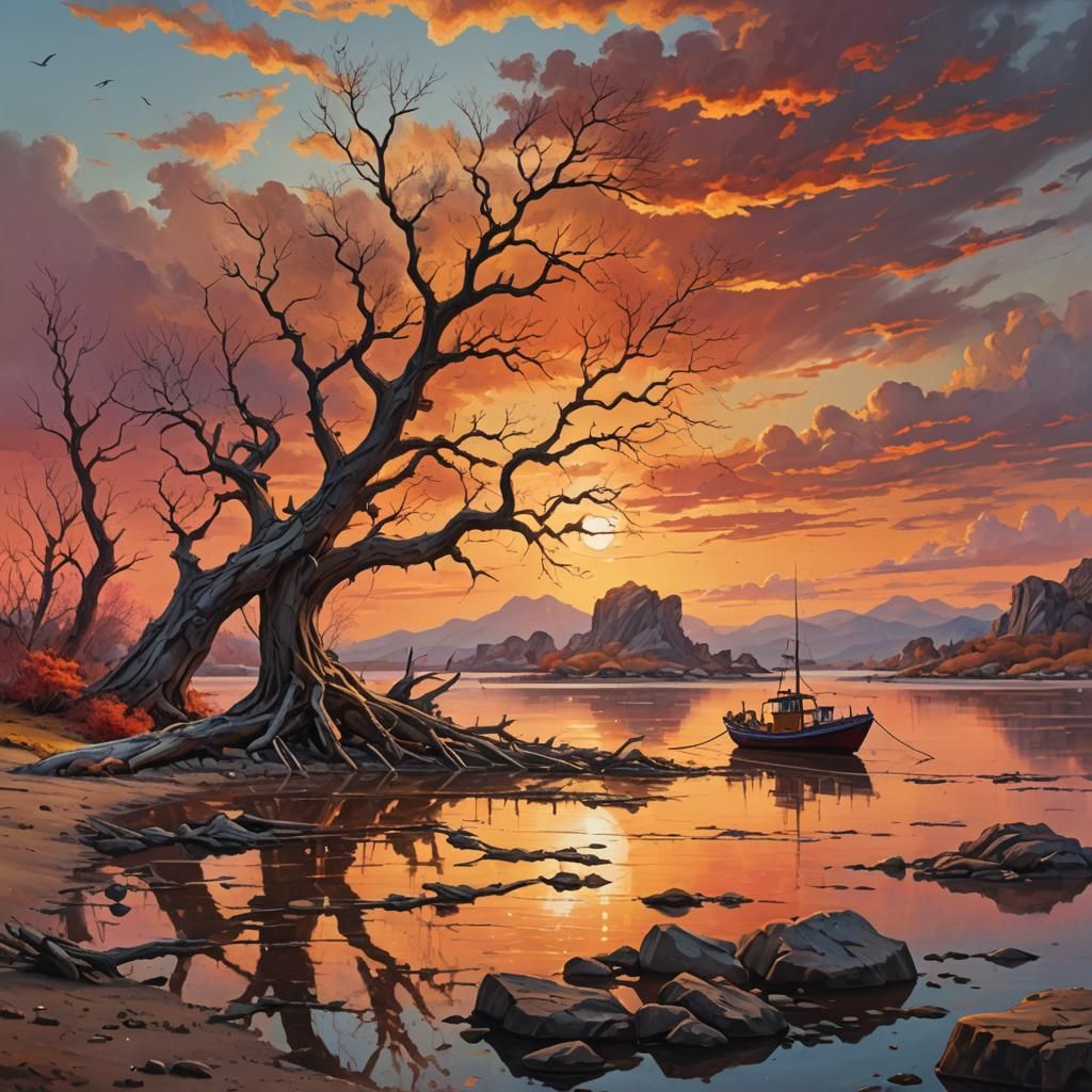 Sunset Lagoon: Leafless Tree in Oil Painting Style