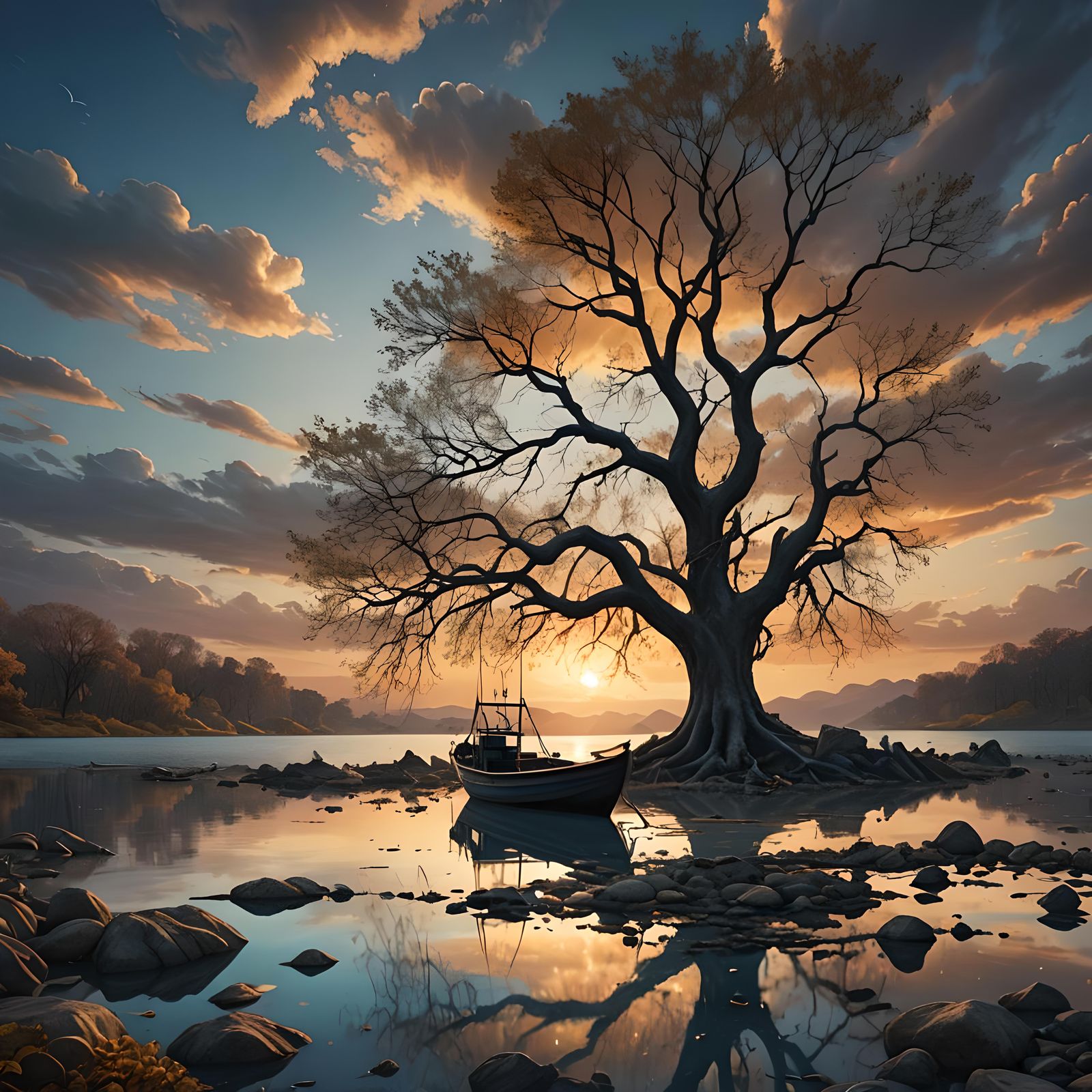 Vibrant Sunset Over Tree by a Serene Lagoon
