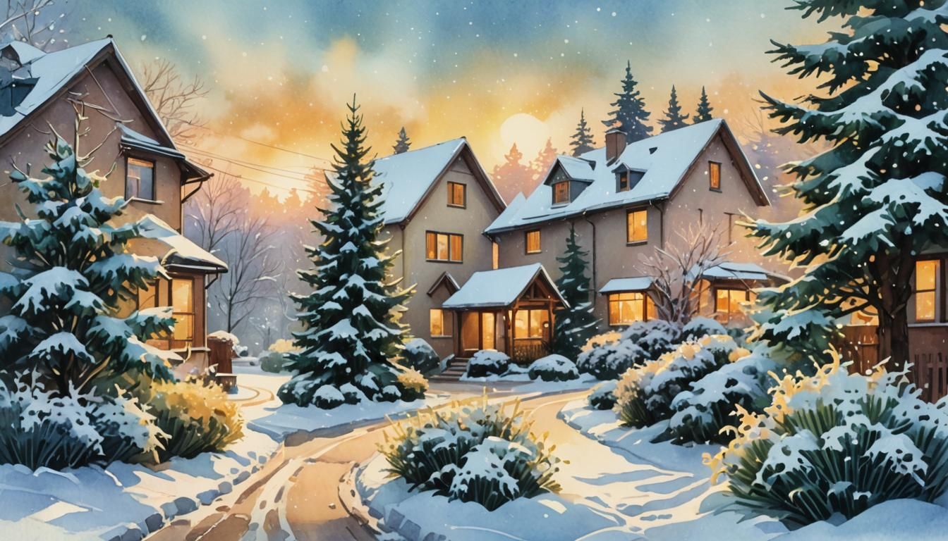 Snowy Sunrise: Watercolor Digital Art with Soft Brushstrokes