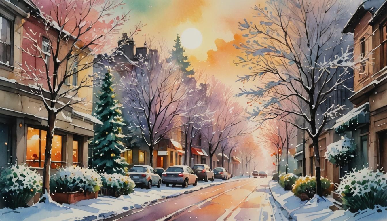 Snowflakes Falling on Cozy Street as Watercolor Painting
