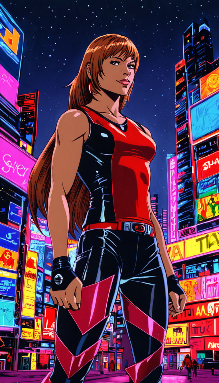 Anime-Inspired Goddess Reigns Supreme in Neon Cityscape