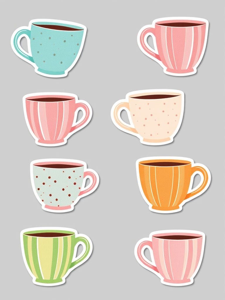 Vibrant Pastel Coffee Mug Stickers in Whimsical Grid Layout
